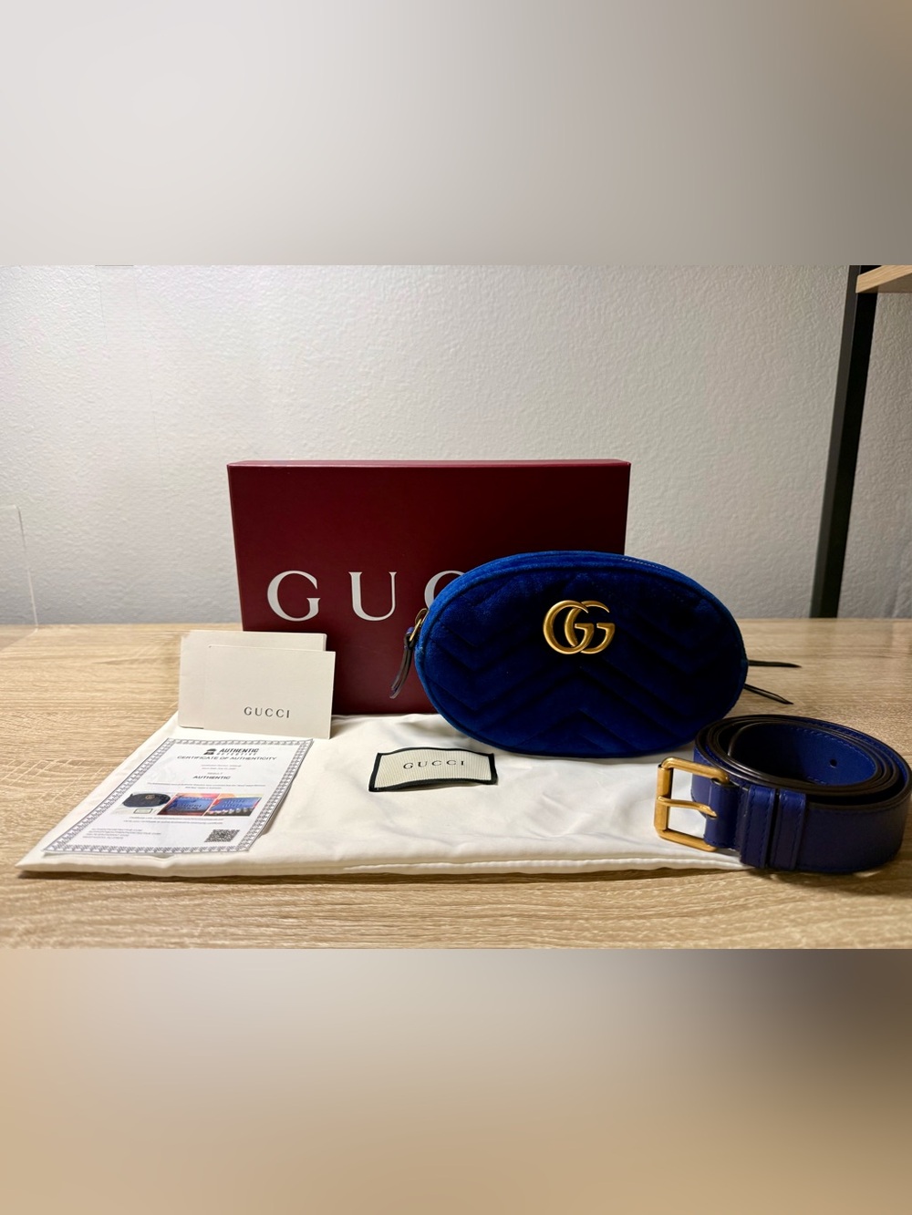 Gucci GG Marmont Velvet Belt Bag in Royal Blue with Gold Hardware